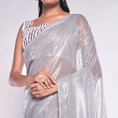 Grey Sequins Embroidered Georgette Saree