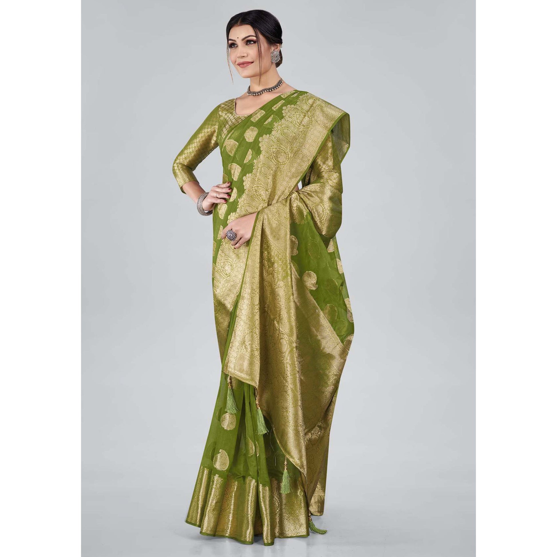 green-woven-organza-saree-with-tassels-2