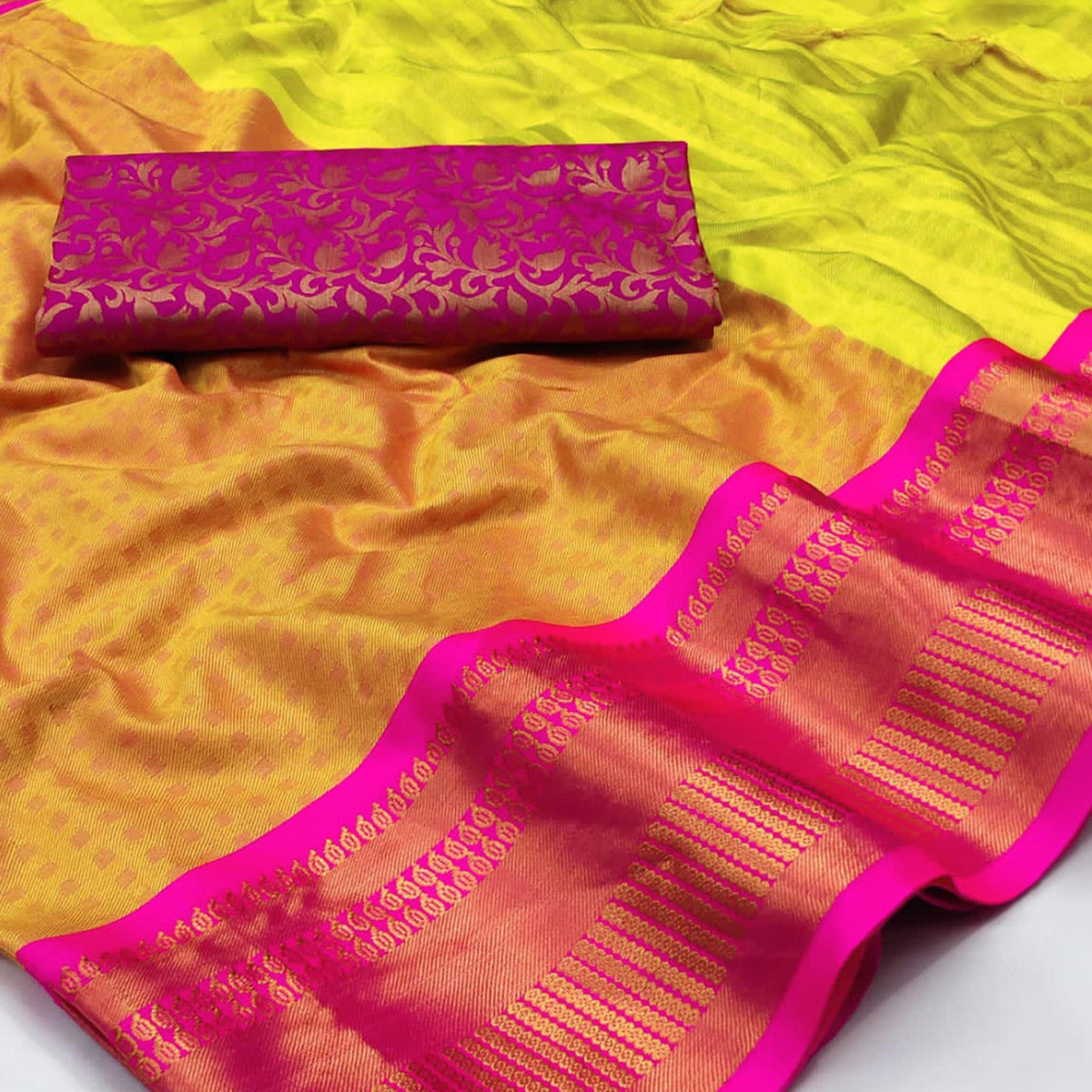 Lemon Green Woven Cotton Silk Saree With Tassels