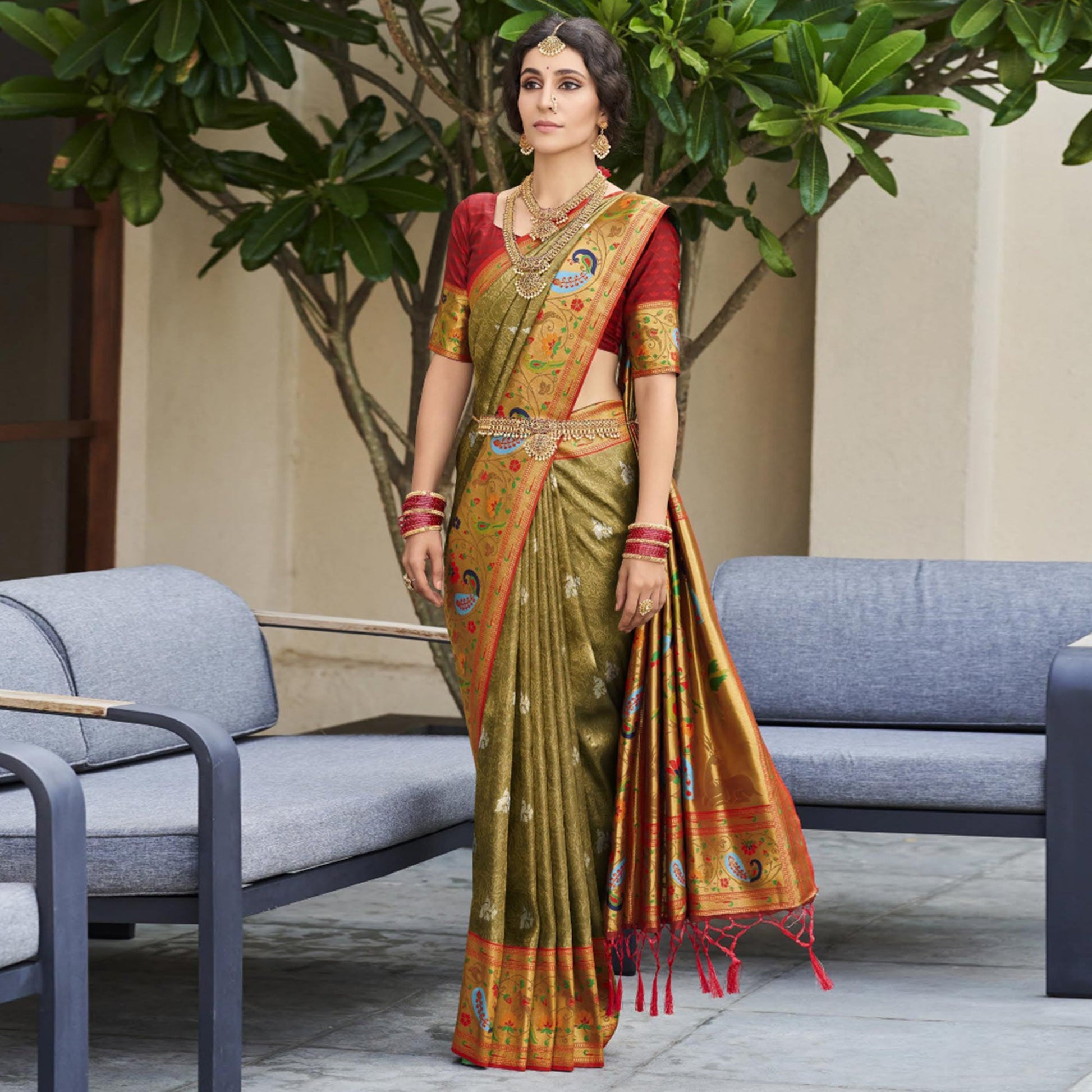 Mehendi Green Woven Kanjivaram Silk Paithani Saree With Tassels