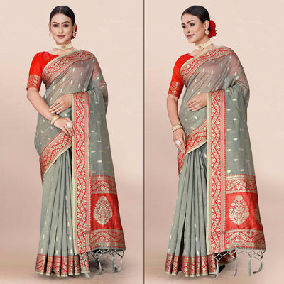 Grey Woven Organza Saree With Tassels