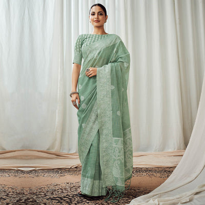 green-woven-linen-saree-2