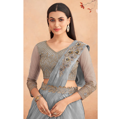 Grey Sequins Embroidered Ready to Wear Art Silk Saree