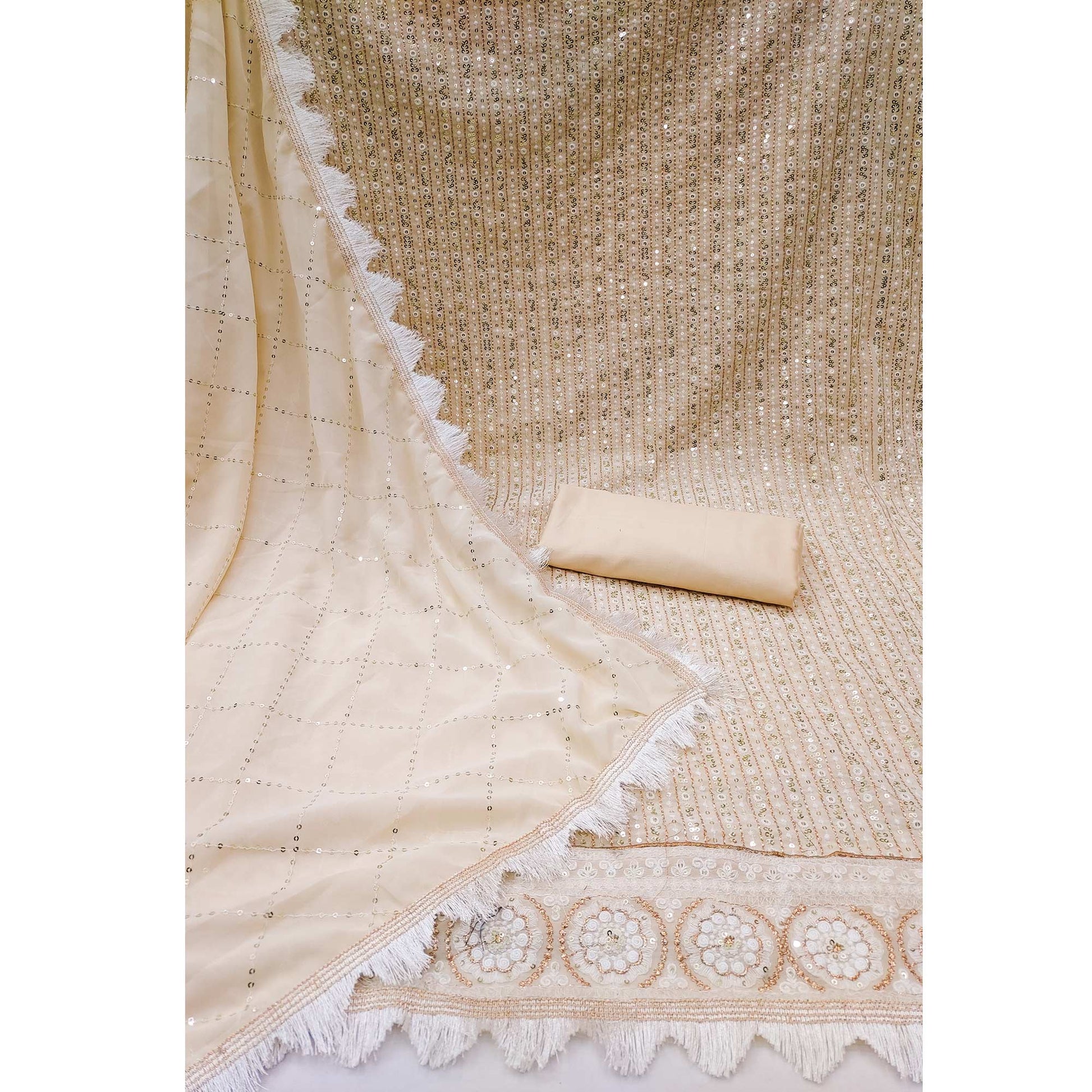 Cream Sequins Embroidered Georgette Dress Material