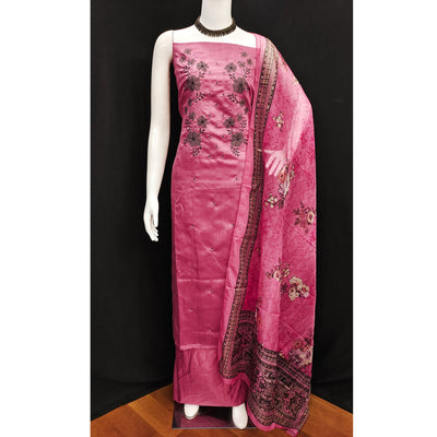 Gajari Pink Floral Sequins Embroidered Art Silk Dress Material