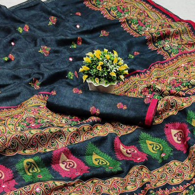 Dark Grey Printed Cotton Blend Saree With Tassels