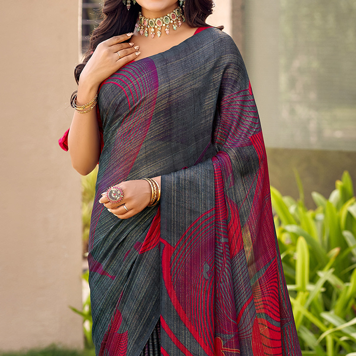 Grey Printed Chiffon Saree