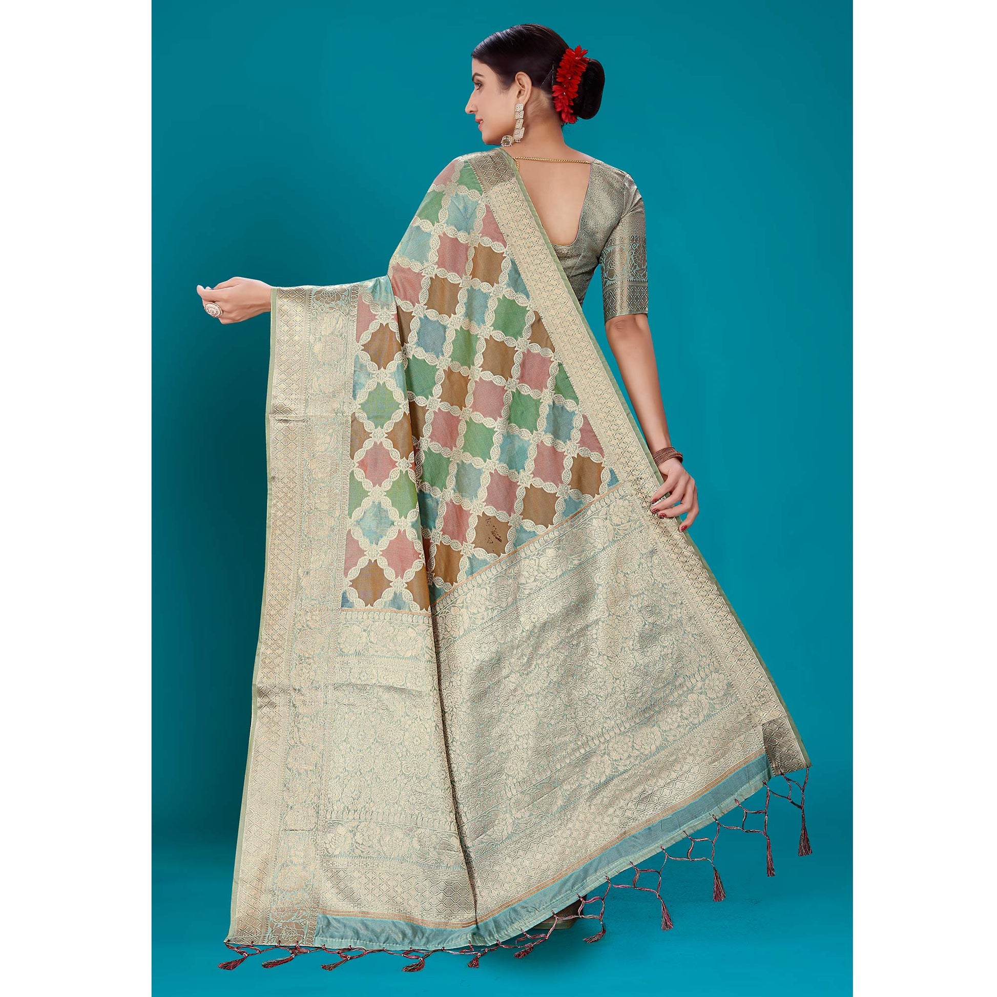 Blue Woven Organza Saree With Tassels