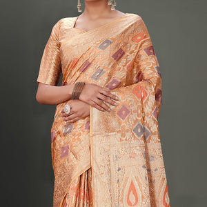 Dark Peach Woven Organza Saree With Tassels