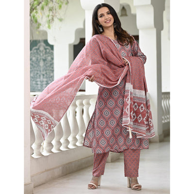 Mauve Printed Pure Cotton Suit