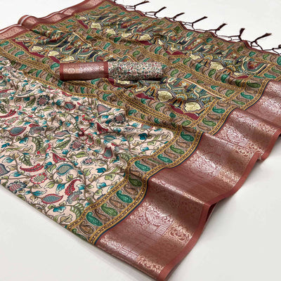 Cream Floral Digital Printed Pure Cotton Saree