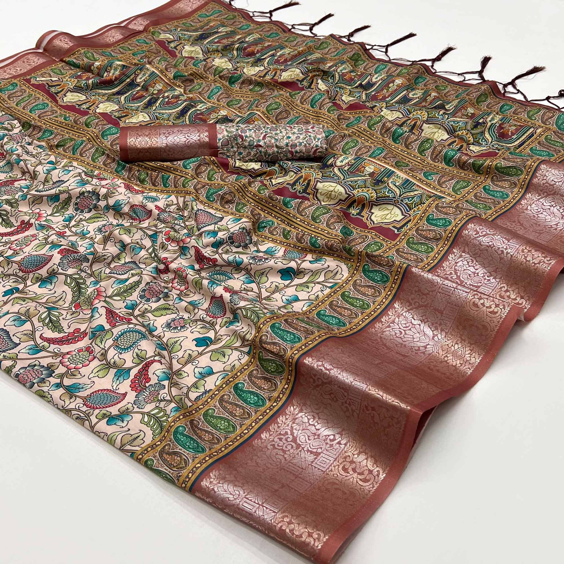 Cream Floral Digital Printed Pure Cotton Saree