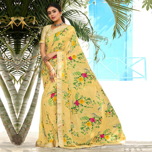 Lemon Yellow Floral Printed Georgette Saree