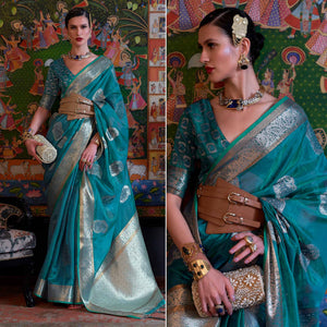 Blue Woven Organza Saree With Tassels