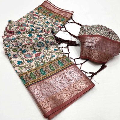 Cream Floral Digital Printed Pure Cotton Saree