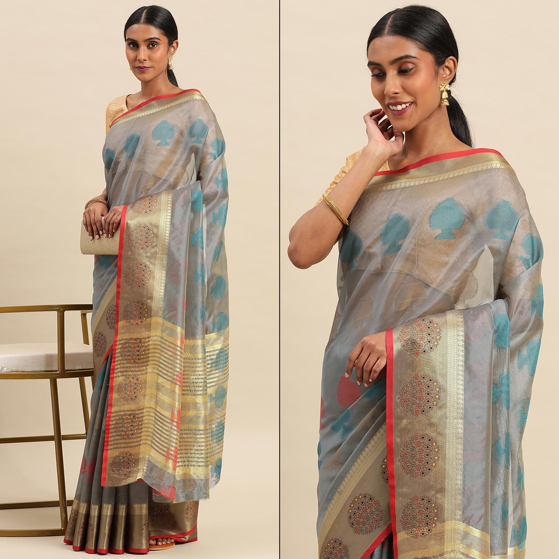 Grey Woven Organza Saree