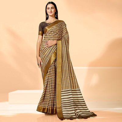 Coffee Brown Printed Dola Silk Saree With Tassels