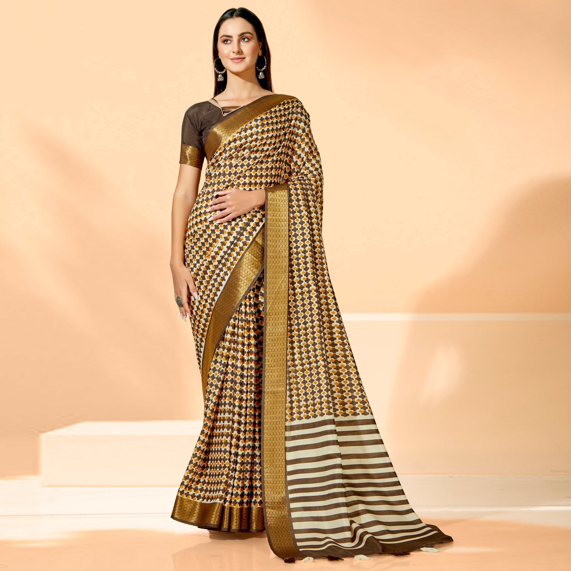 Coffee Brown Printed Dola Silk Saree With Tassels