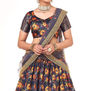 Indigo Blue Digital Printed With Zari Work Art Silk Lehenga Choli