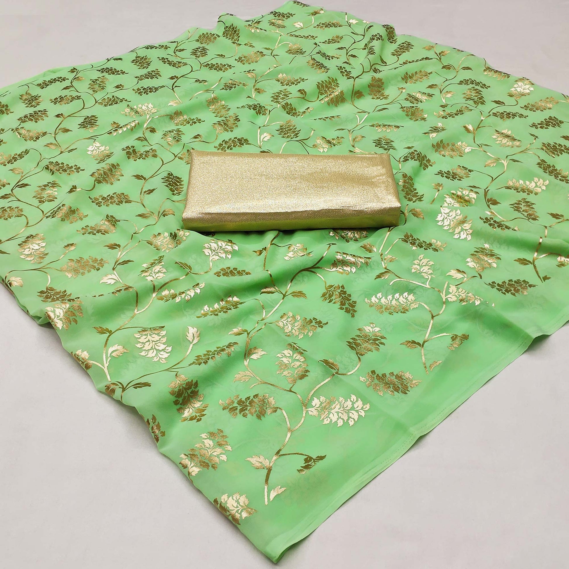 green-floral-foil-printed-georgette-saree