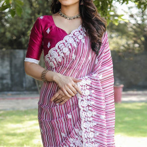 Magenta Pink Digital Printed With Embroidered Organza Saree