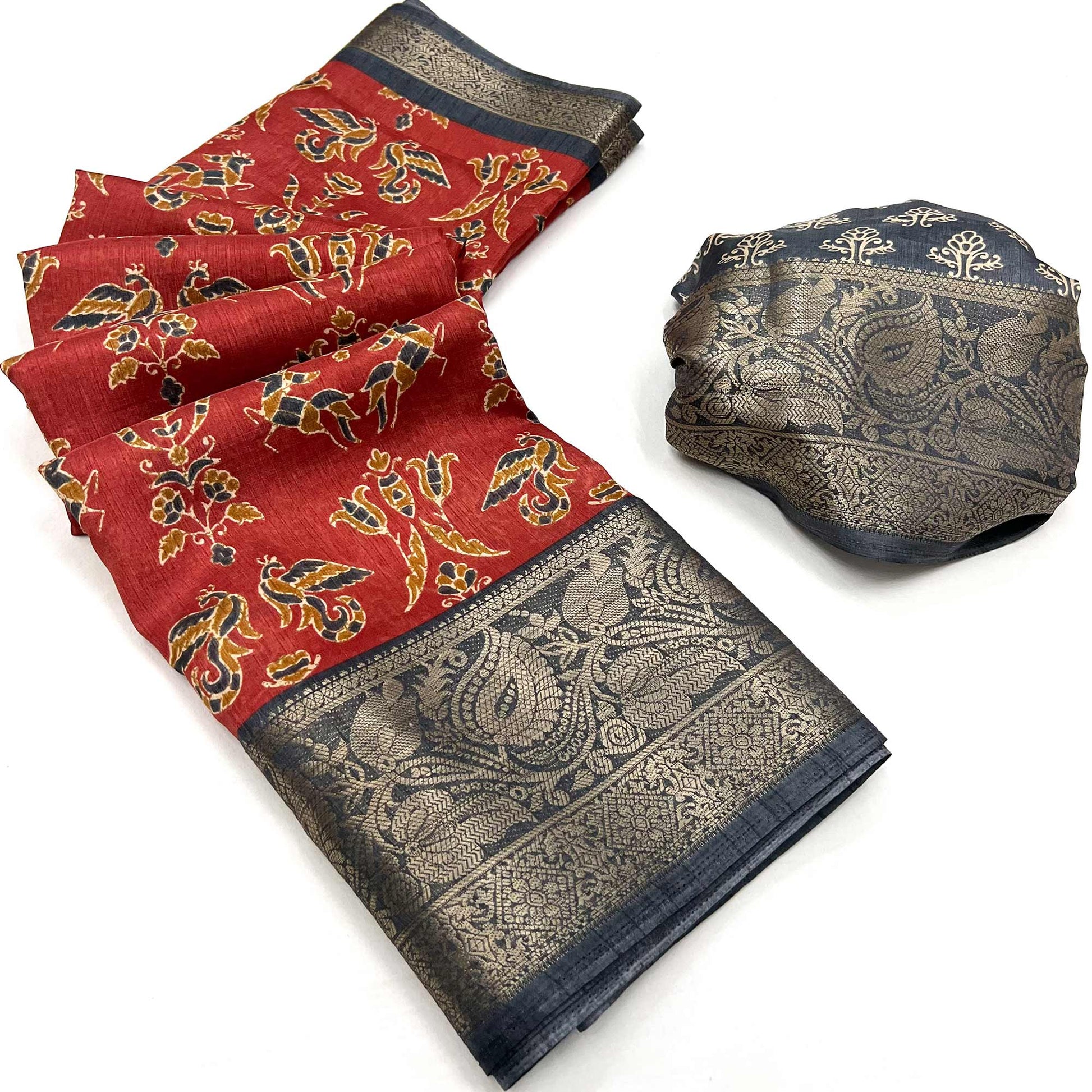 Maroon Blue Printed With Woven Border Dola Silk Saree