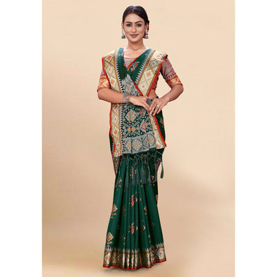 Dark Green Woven Patola Art Silk Saree With Tassels