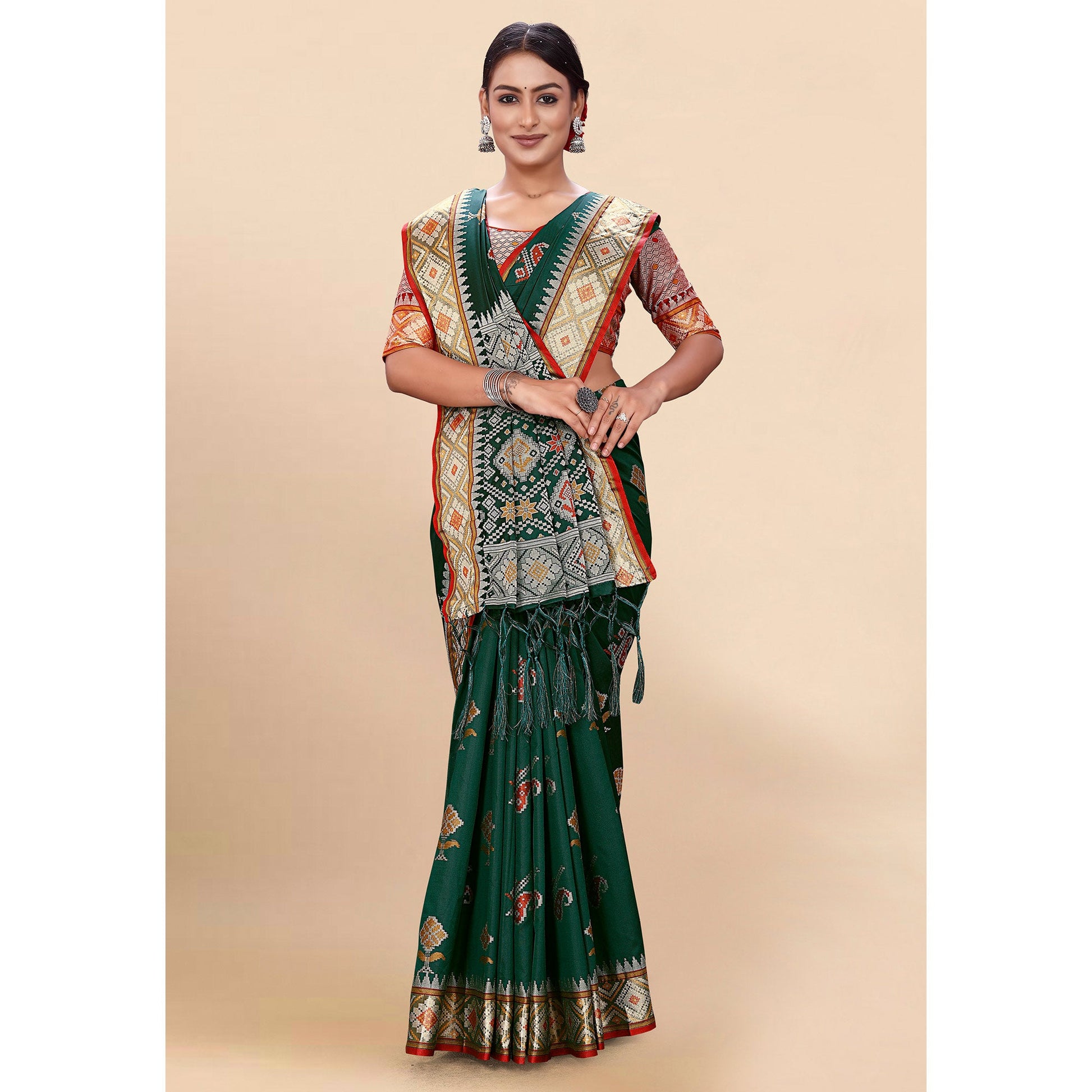 Dark Green Woven Patola Art Silk Saree With Tassels