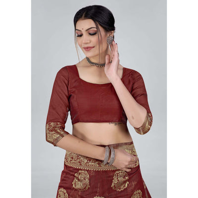 Maroon Woven Organza Saree With Tassels
