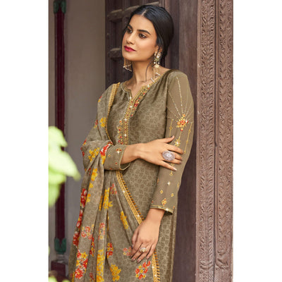 Brown Floral Embroidered Crepe Patiala Suit