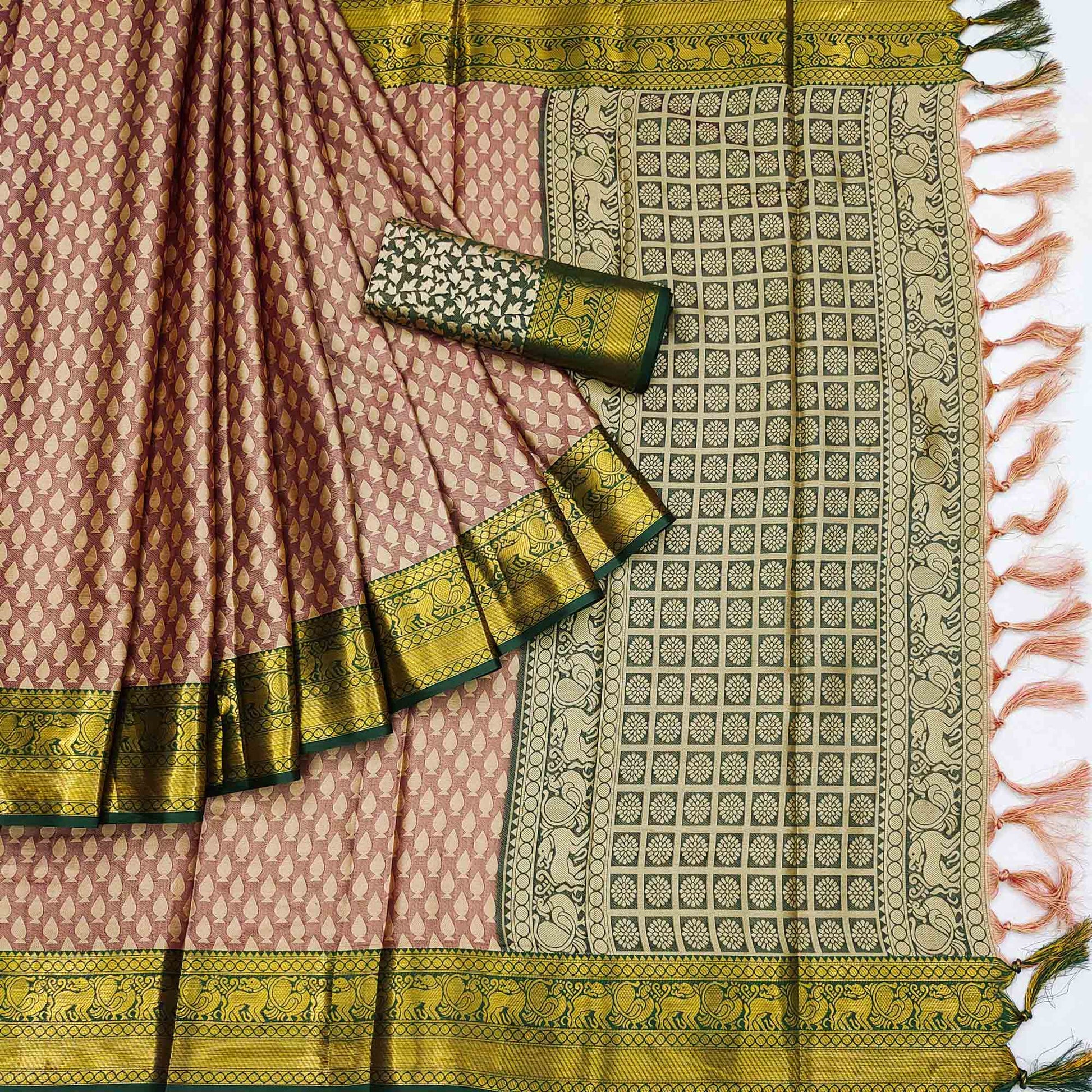 Brown Woven Cotton Silk Saree With Tassels