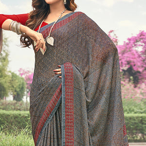 Grey Printed Chiffon Saree