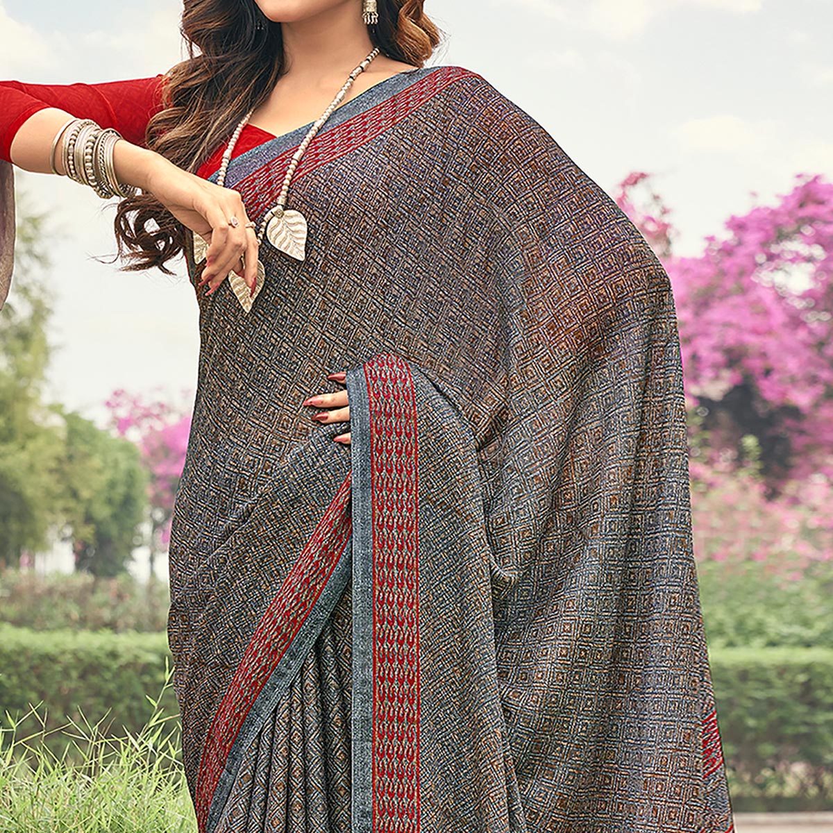 Grey Printed Chiffon Saree