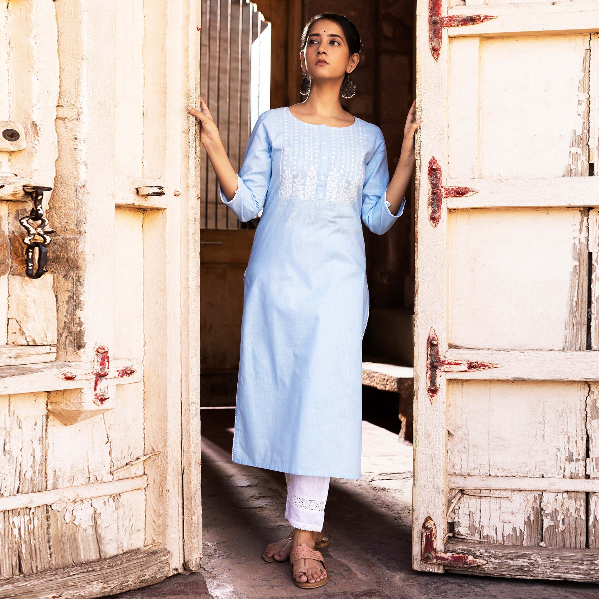Light Blue Embroidered Pure Cotton Kurti