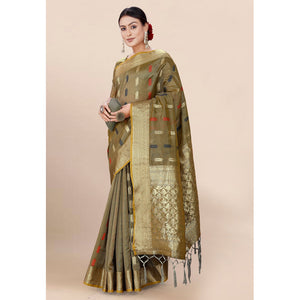 Mehendi Green Woven Organza Saree With Tassels