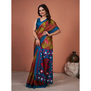 Brown Printed Jute Saree With Tassels