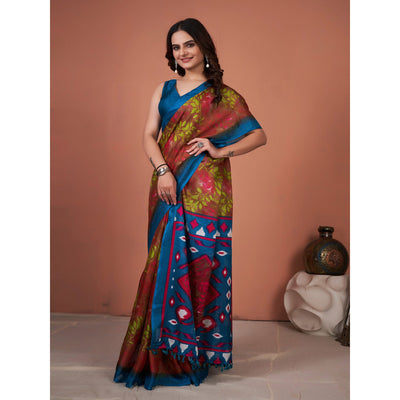 Brown Printed Jute Saree With Tassels