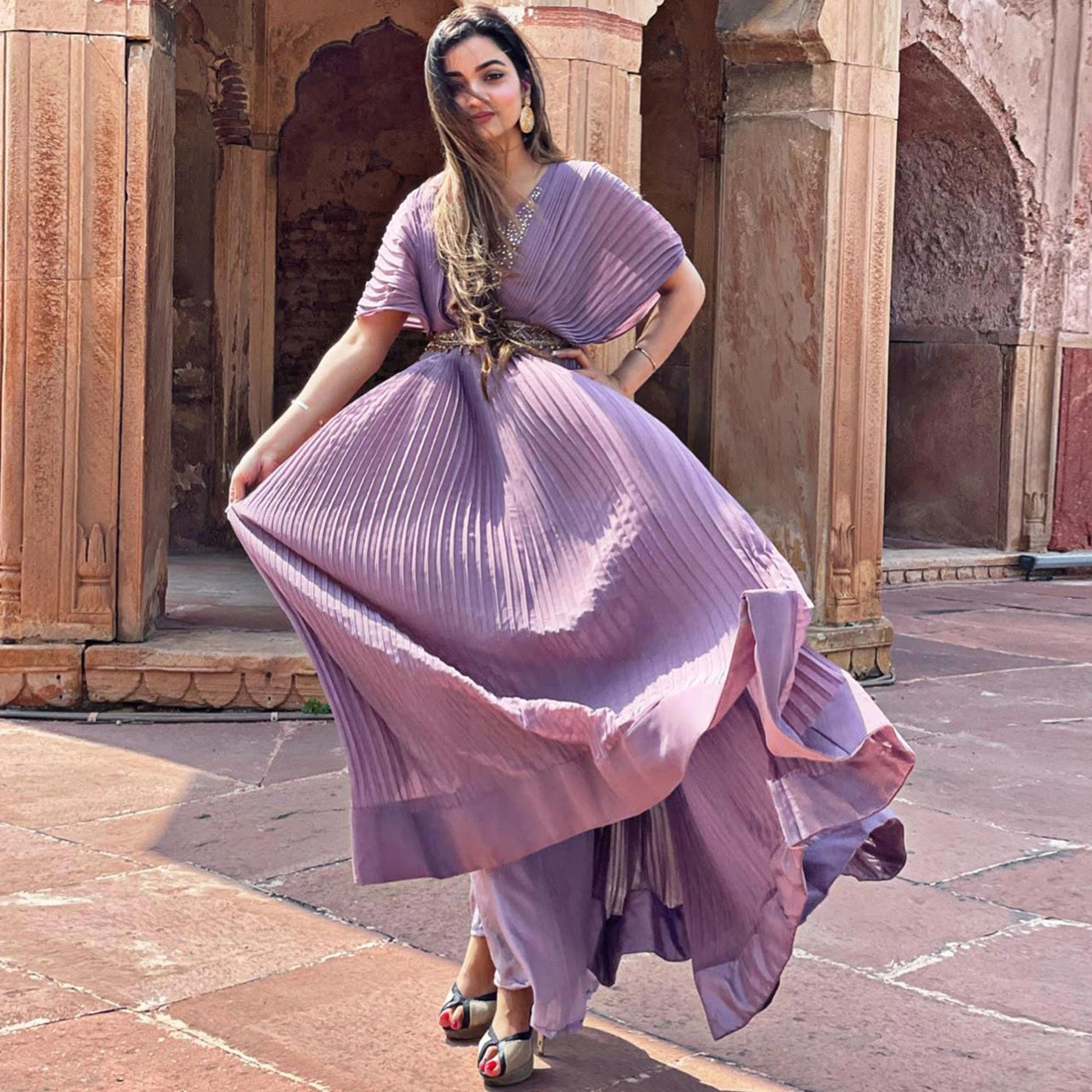 Light Purple Embellished Georgette Gown With Belt