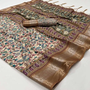 Light Brown Floral Digital Printed Pure Cotton Saree