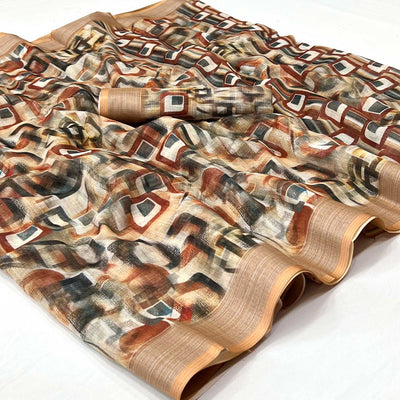 Brown Digital Printed Linen Saree
