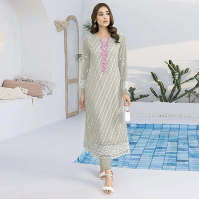 Fog Green Floral Embroidered Georgette Semi Stitched Suit