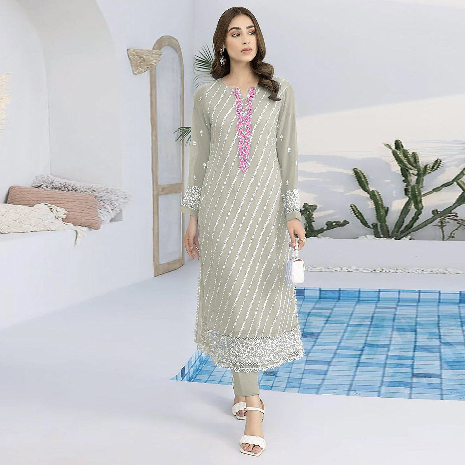 Fog Green Floral Embroidered Georgette Semi Stitched Suit