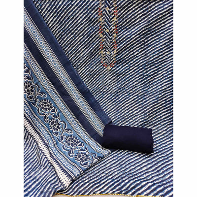Blue Striped Printed Pure Cotton Dress Material