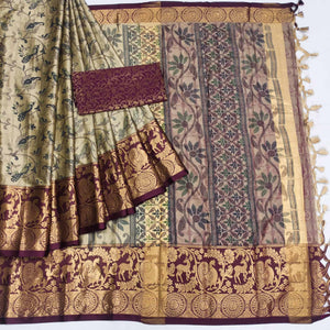 Chikoo Printed With Woven Border Cotton Silk Saree