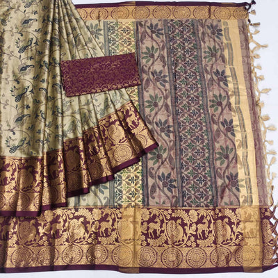 Chikoo Printed With Woven Border Cotton Silk Saree