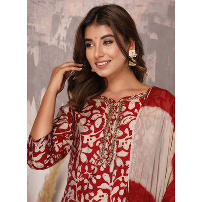 Dark Red Floral Printed Muslin Salwar Suit