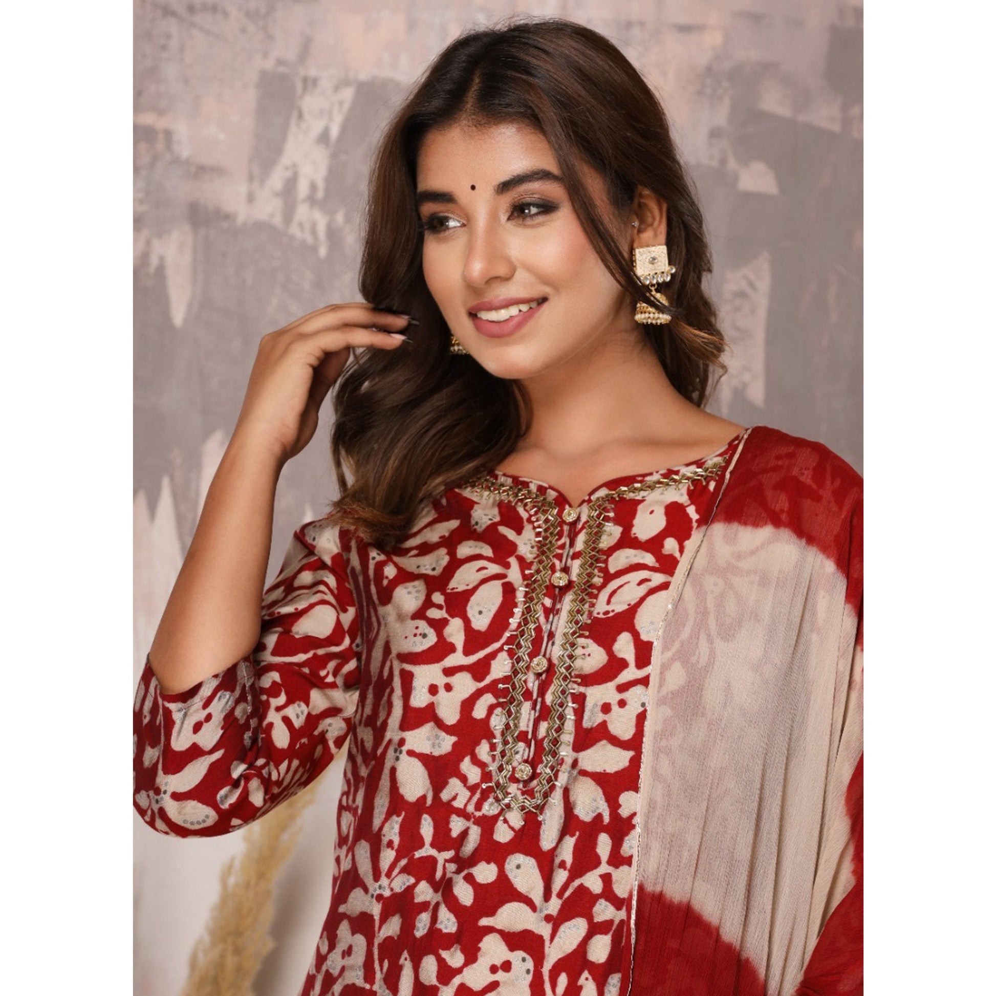 Dark Red Floral Printed Muslin Salwar Suit