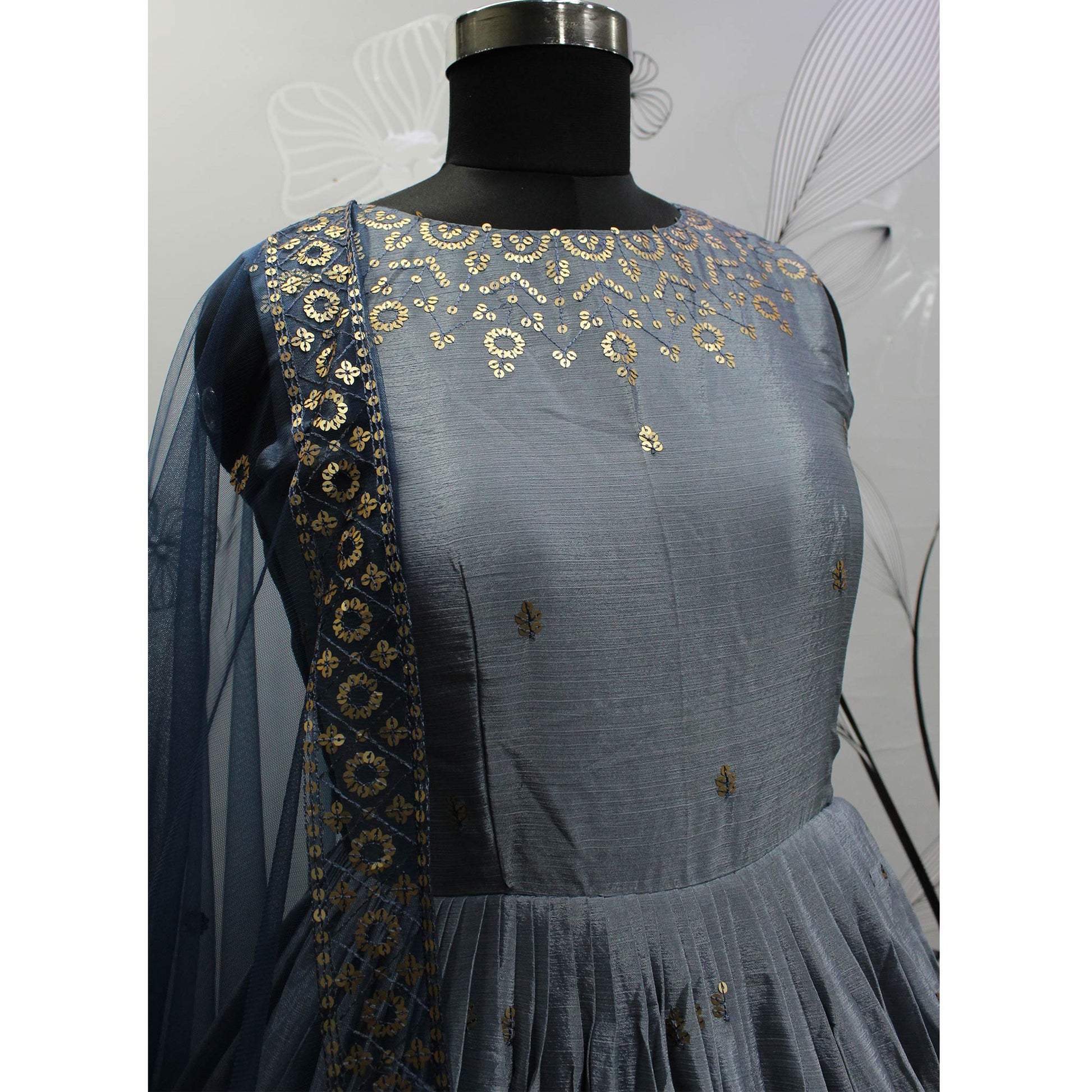 Grey Sequins Embroidered Chiffon Gown