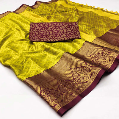 Lemon Green Woven Cotton Silk Saree With Tassels