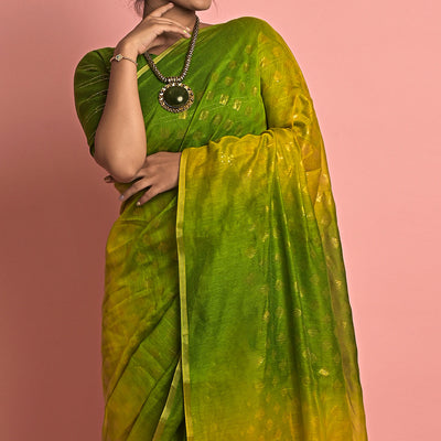 green-olive-foil-printed-poly-cotton-saree